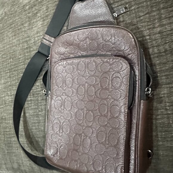 Coach Hudson Sling Pack Signature Pebble Leather Brown Crossbody Bag Men’s CDC68 - Picture 2 of 7